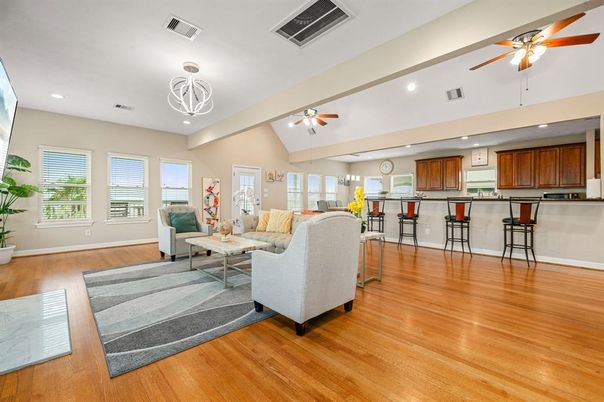 Interior, Kitchen, Living room, Recessed Lighting, Wood Texture Flooring