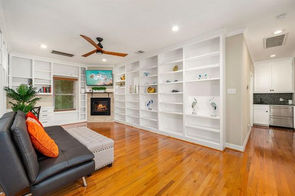 Fireplace, Interior, Recessed Lighting, Wood Texture Flooring