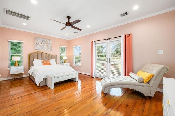 Bedroom, Interior, Recessed Lighting, Wood Texture Flooring