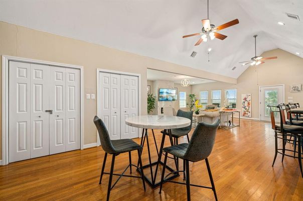 Dining room, Interior, Living room, Recessed Lighting, Wood Texture Flooring