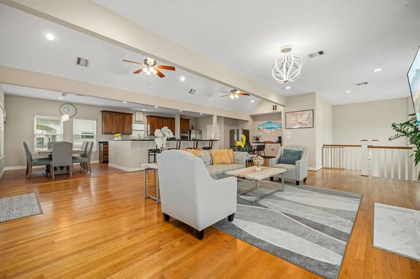 Dining room, Interior, Kitchen, Living room, Pendant Lights, Recessed Lighting, Wood Texture Flooring