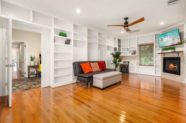 Fireplace, Interior, Recessed Lighting, Wood Texture Flooring