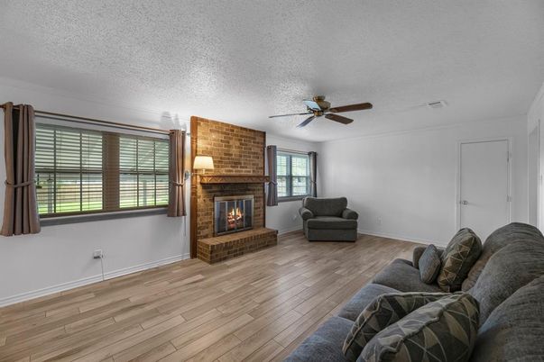 Fireplace, Interior, Living room, Stone Walls, Wood Texture Flooring