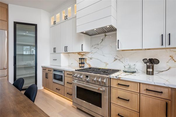 Interior, Kitchen, Marble Walls, Stainless Steel Appliances, Wood Texture Flooring