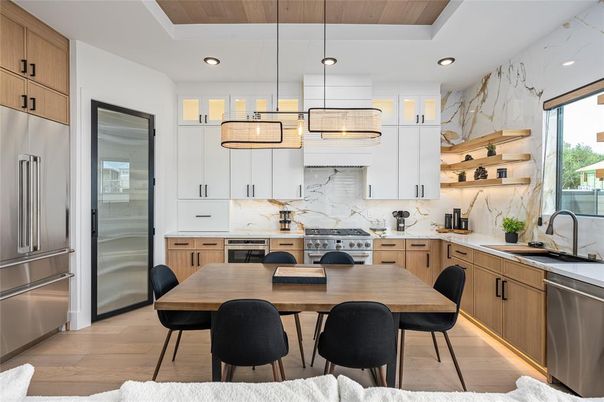 Dining room, Interior, Kitchen, Marble Walls, Pendant Lights, Recessed Lighting, Stainless Steel Appliances, Wooden Ceilings, Wood Texture Flooring