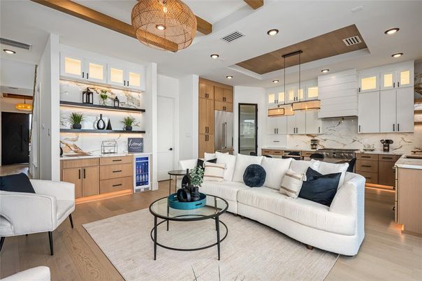 Interior, Kitchen, Living room, Marble Walls, Pendant Lights, Recessed Lighting, Stainless Steel Appliances, Wood Texture Flooring