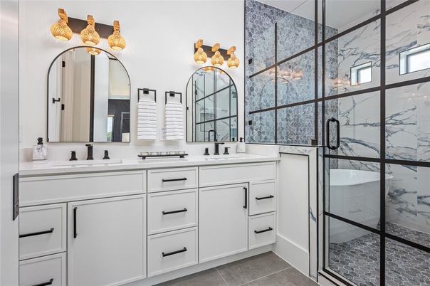 Bathroom, Dual Sink Vanities, Glass Shower, Interior, Marble Walls