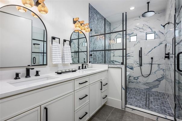 Bathroom, Dual Sink Vanities, Glass Shower, Interior, Marble Walls, Recessed Lighting