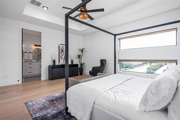 Bedroom, Interior, Recessed Lighting, Wood Texture Flooring