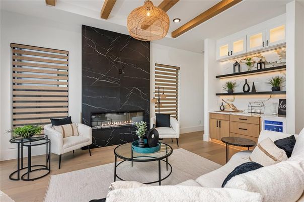 Fireplace, Interior, Living room, Marble Walls, Recessed Lighting, Wood Texture Flooring