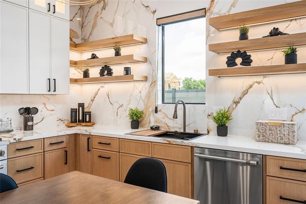 Interior, Kitchen, Marble Walls, Stainless Steel Appliances