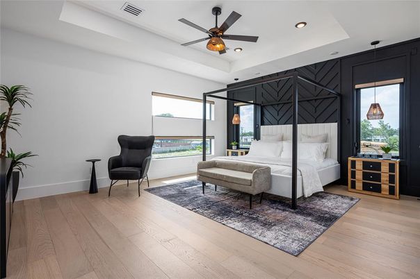 Bedroom, Interior, Pendant Lights, Recessed Lighting, Wood Texture Flooring