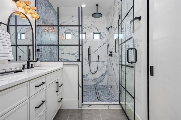 Bathroom, Glass Shower, Interior, Marble Walls