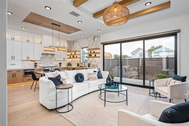 Interior, Kitchen, Living room, Marble Walls, Pendant Lights, Recessed Lighting, Wood Texture Flooring