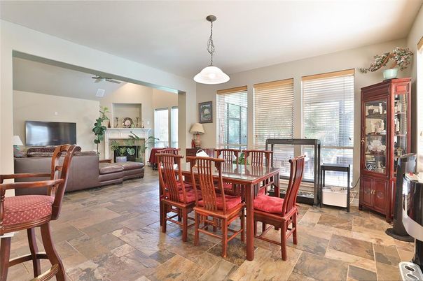 Dining room, Fireplace, Interior, Living room, Pendant Lights