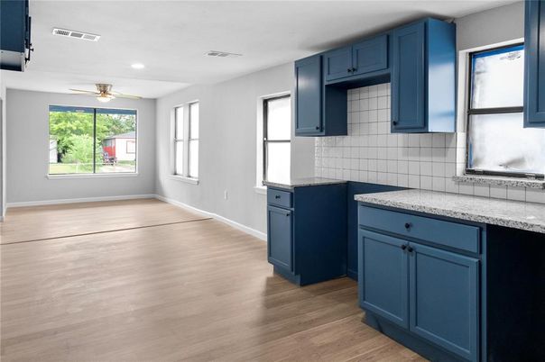 Empty room, Interior, Kitchen, Recessed Lighting, Wood Texture Flooring