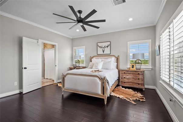 Bedroom, Interior, Recessed Lighting, Wood Texture Flooring