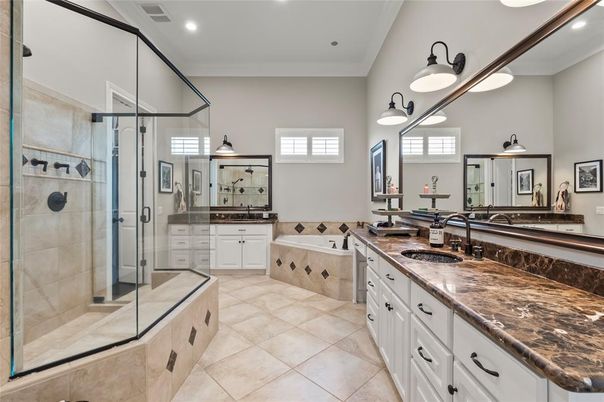 Bathroom, Dual Sink Vanities, Glass Shower, Interior, Recessed Lighting