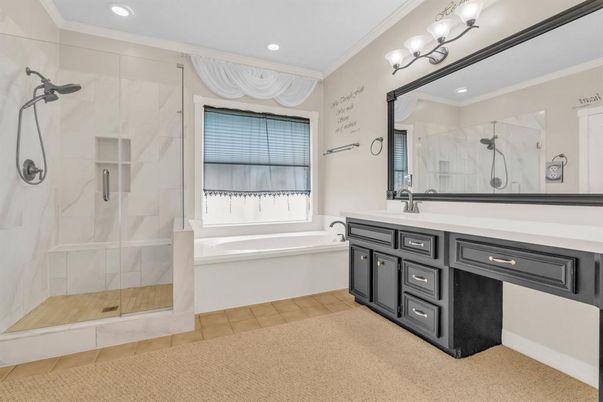 Bathroom, Dual Sink Vanities, Glass Shower, Interior, Recessed Lighting