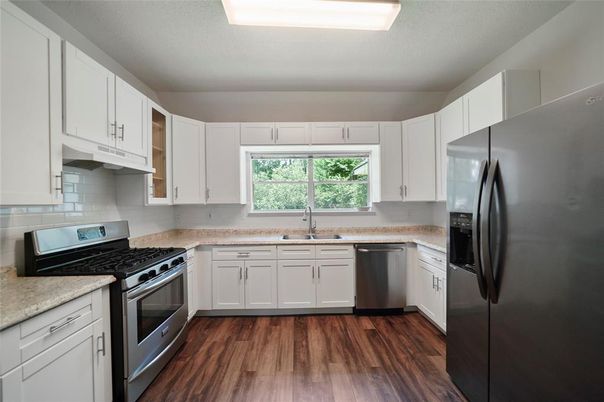 Interior, Kitchen, Stainless Steel Appliances, Wood Texture Flooring