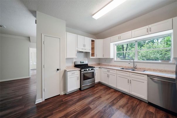 Interior, Kitchen, Stainless Steel Appliances, Wood Texture Flooring