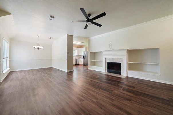 Chandelier, Empty room, Fireplace, Interior, Wood Texture Flooring