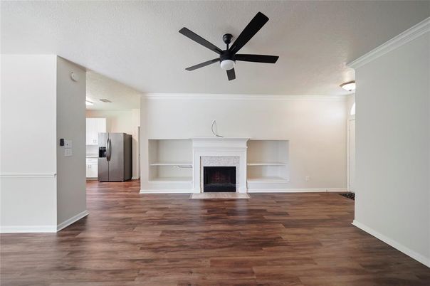 Empty room, Fireplace, Interior, Kitchen, Wood Texture Flooring