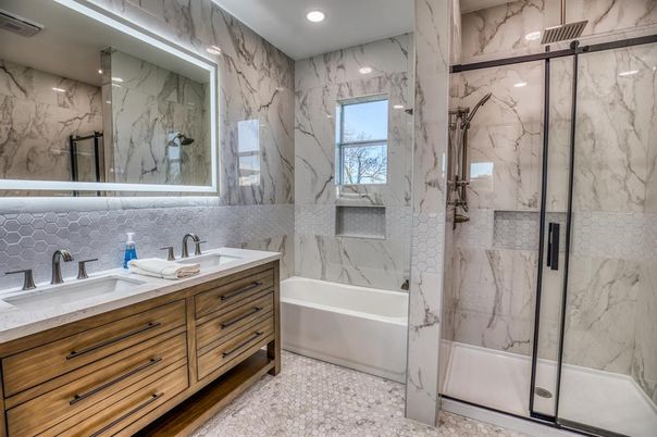 Bathroom, Dual Sink Vanities, Glass Shower, Interior, Marble Walls, Recessed Lighting