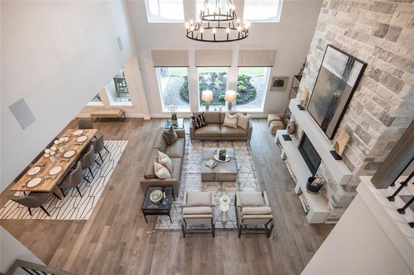 Chandelier, Fireplace, Interior, Living room, Stone Walls, Wood Texture Flooring