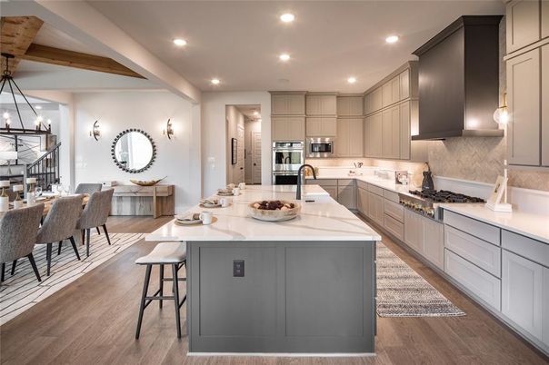 Dining room, Interior, Kitchen, Pendant Lights, Recessed Lighting, Stainless Steel Appliances, Wooden Beams, Wood Texture Flooring