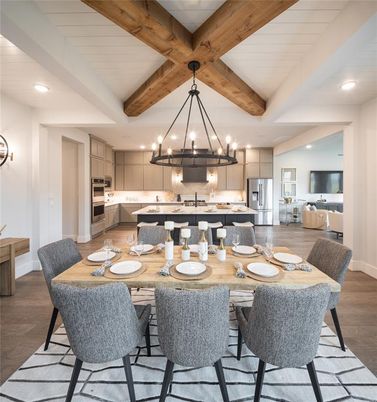 Chandelier, Dining room, Interior, Kitchen, Pendant Lights, Recessed Lighting, Stainless Steel Appliances, Wooden Beams, Wood Texture Flooring