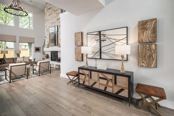 Fireplace, Interior, Living room, Stone Walls, Wood Texture Flooring