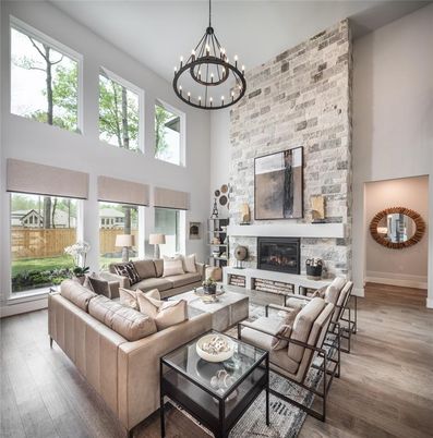 Chandelier, Fireplace, Interior, Living room, Stone Walls, Wood Texture Flooring