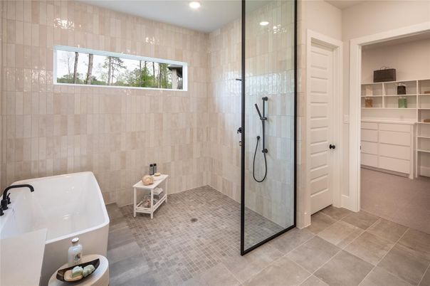 Bathroom, Free Standing Baths, Glass Shower, Interior, Recessed Lighting