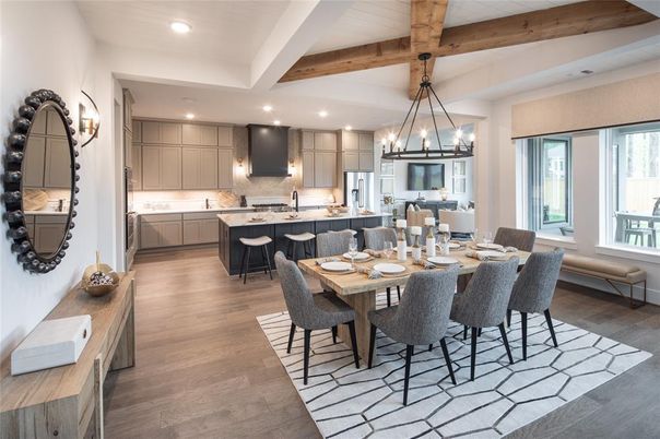Chandelier, Dining room, Interior, Kitchen, Pendant Lights, Recessed Lighting, Stainless Steel Appliances, Wooden Beams, Wood Texture Flooring