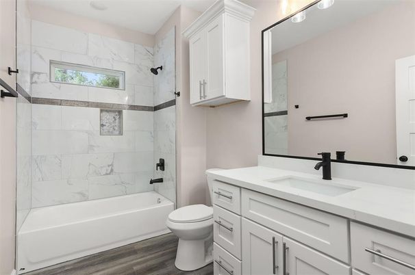 Bathroom, Interior, Marble Walls, Wood Texture Flooring