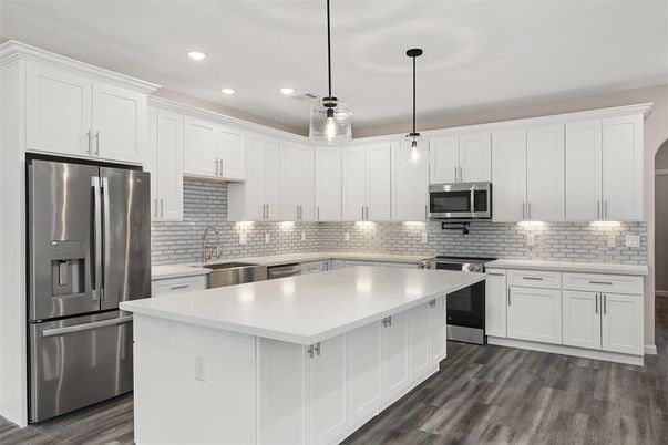 Interior, Kitchen, Pendant Lights, Recessed Lighting, Stainless Steel Appliances, Wood Texture Flooring