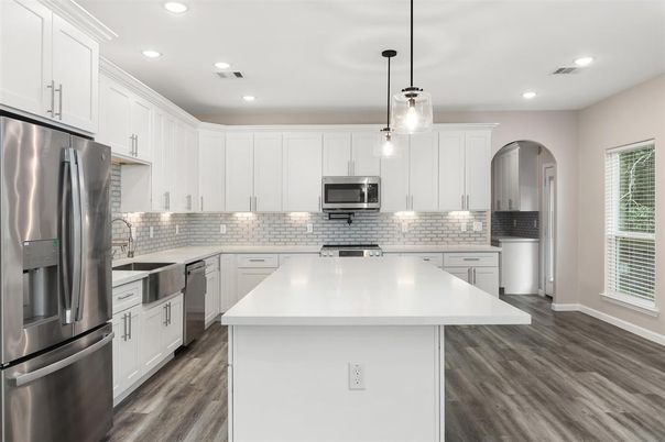 Interior, Kitchen, Pendant Lights, Recessed Lighting, Stainless Steel Appliances, Wood Texture Flooring