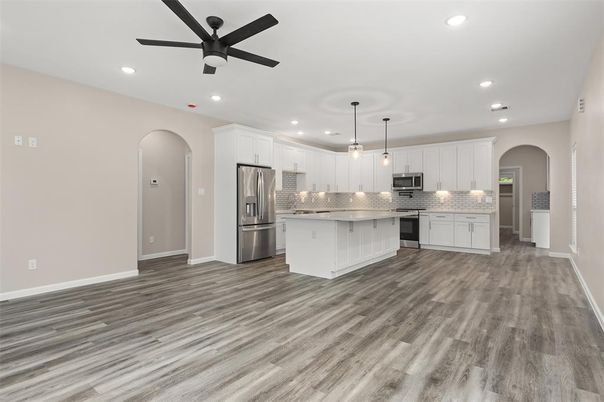 Interior, Kitchen, Pendant Lights, Recessed Lighting, Stainless Steel Appliances, Wood Texture Flooring