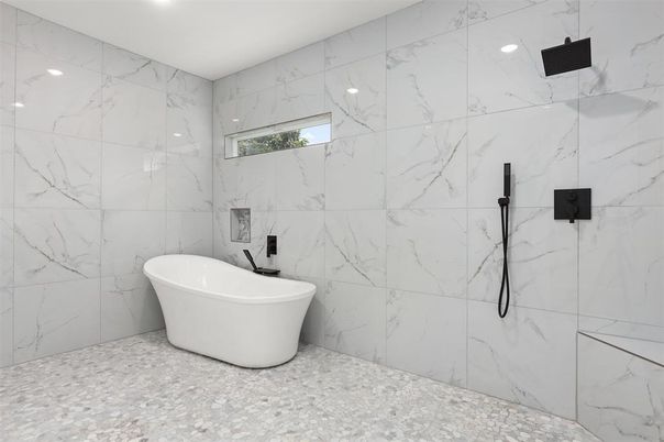 Bathroom, Free Standing Baths, Interior, Marble Walls, Recessed Lighting
