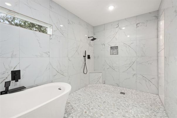 Bathroom, Free Standing Baths, Interior, Marble Walls, Recessed Lighting