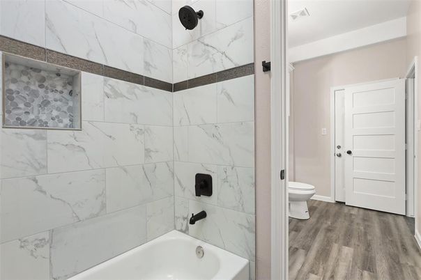Bathroom, Interior, Marble Walls, Wood Texture Flooring