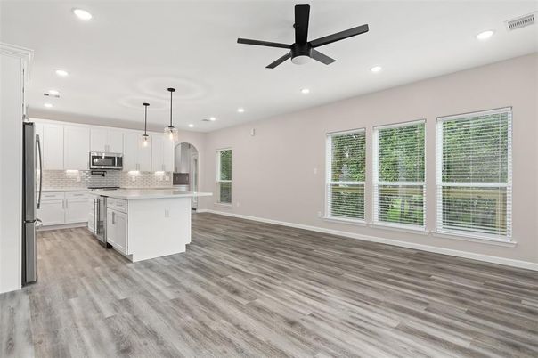 Interior, Kitchen, Pendant Lights, Recessed Lighting, Stainless Steel Appliances, Wood Texture Flooring