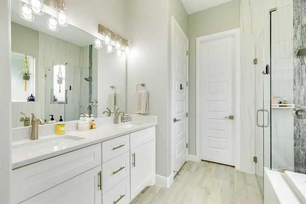 Bathroom, Dual Sink Vanities, Glass Shower, Interior, Wood Texture Flooring