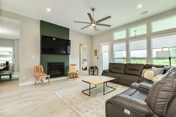 Fireplace, Interior, Living room, Recessed Lighting, Wood Texture Flooring