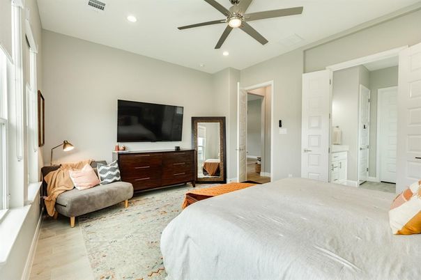 Bedroom, Interior, Recessed Lighting, Wood Texture Flooring