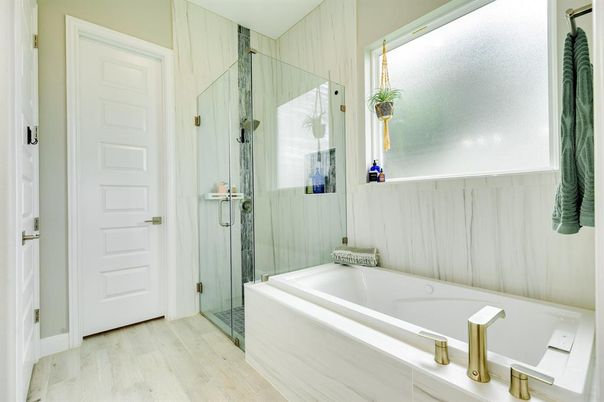 Bathroom, Glass Shower, Interior, Wood Texture Flooring