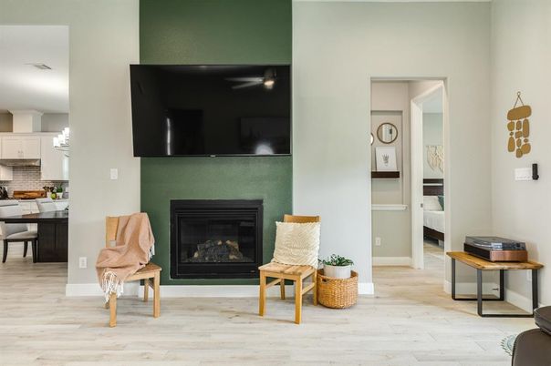 Dining room, Fireplace, Interior, Wood Texture Flooring