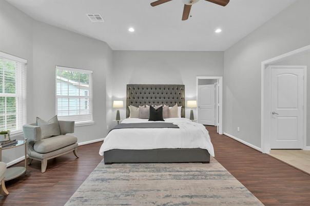 Bedroom, Interior, Recessed Lighting, Wood Texture Flooring