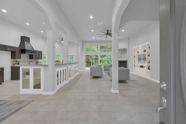 Fireplace, Interior, Kitchen, Living room, Recessed Lighting